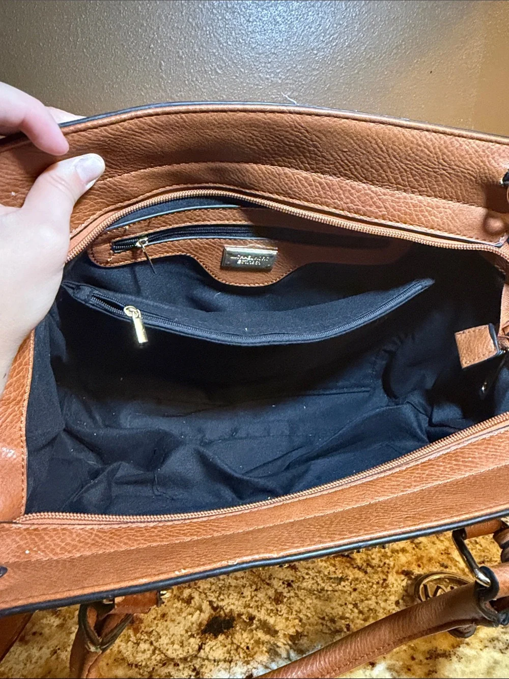 Michael Kors Black & White Striped Satchel with Brown Trim